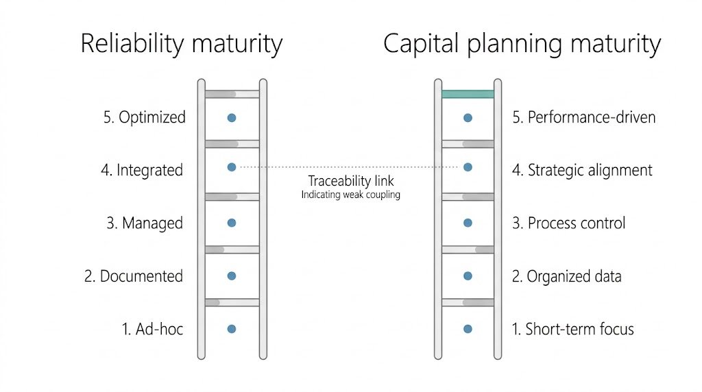 Two five-rung ladders side by side, reliability maturity and capital planning maturity, joined only by a faint dotted traceability link marked as weak coupling