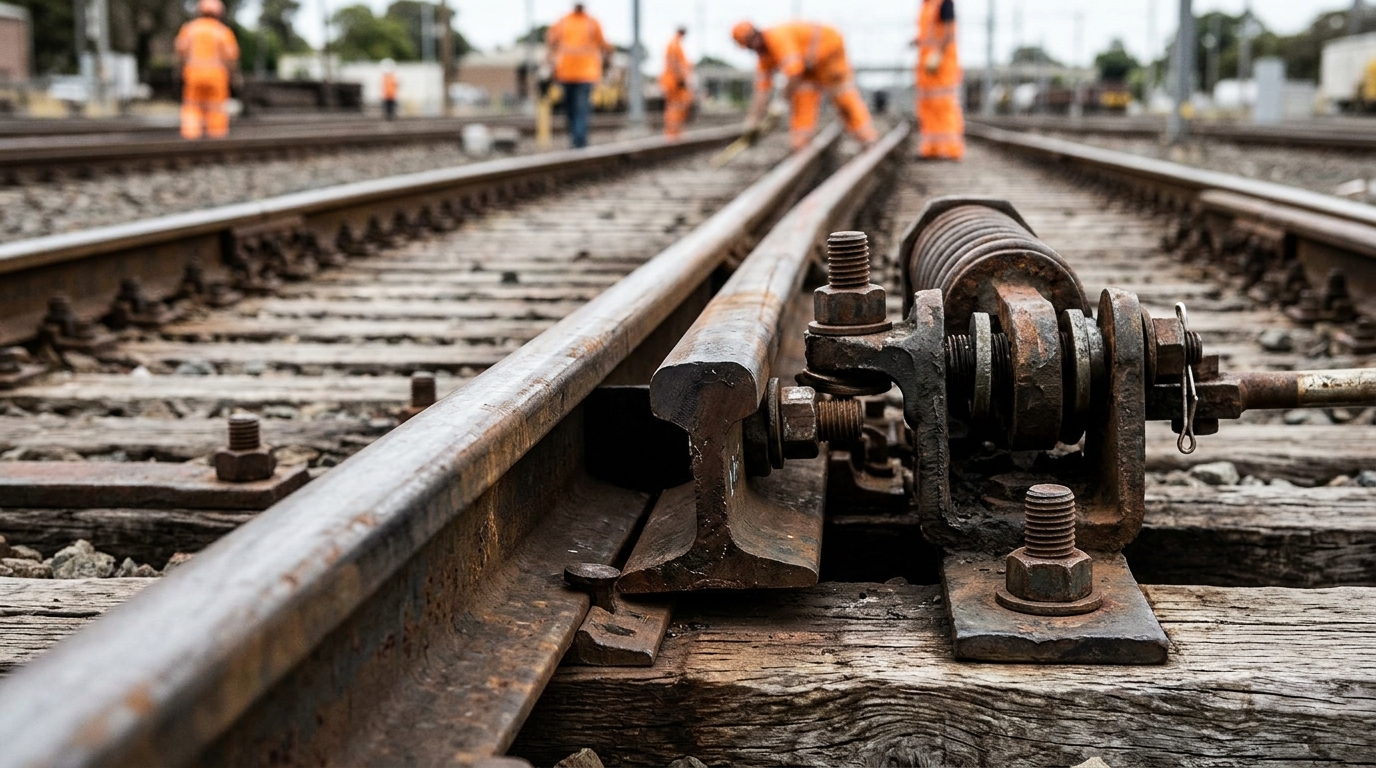 A switch point against the stock rail. A gap of a quarter of an inch at this joint is where a wheel can catch.