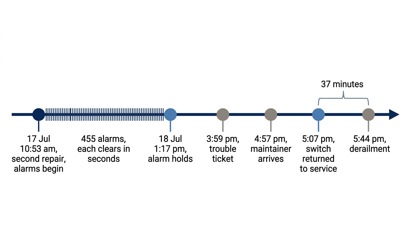 From the second repair to the derailment: 455 self-clearing alarms, one that held, and 37 minutes between release and derailment. Times from NTSB RIR-26-16.