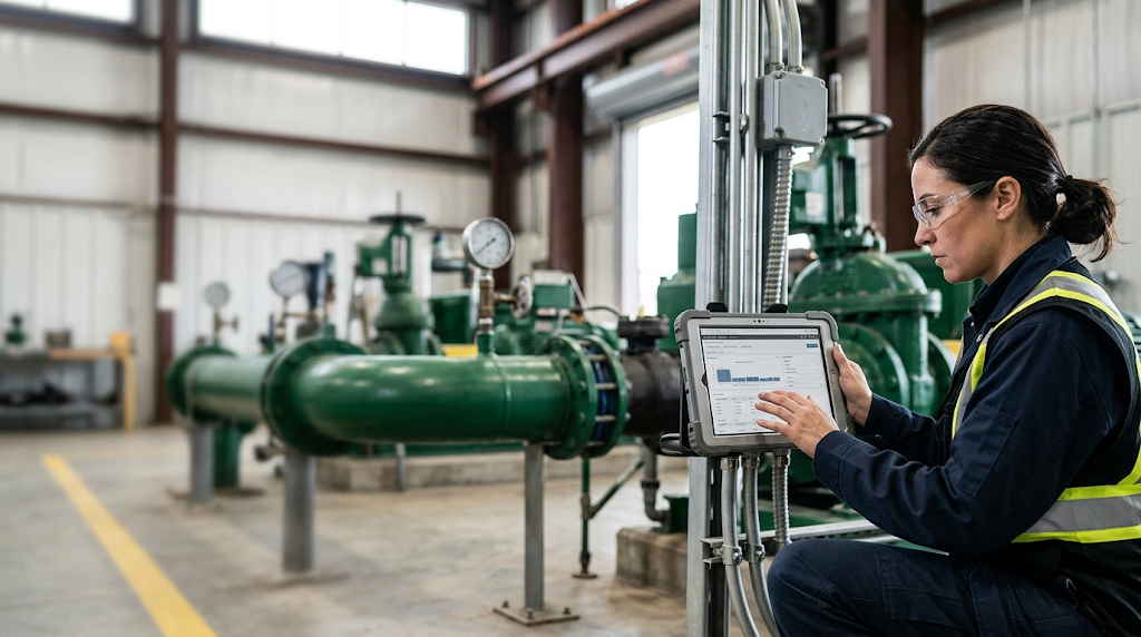 Maintenance technician in safety glasses and a hi-vis vest checking readings on a rugged tablet beside green pump-station piping