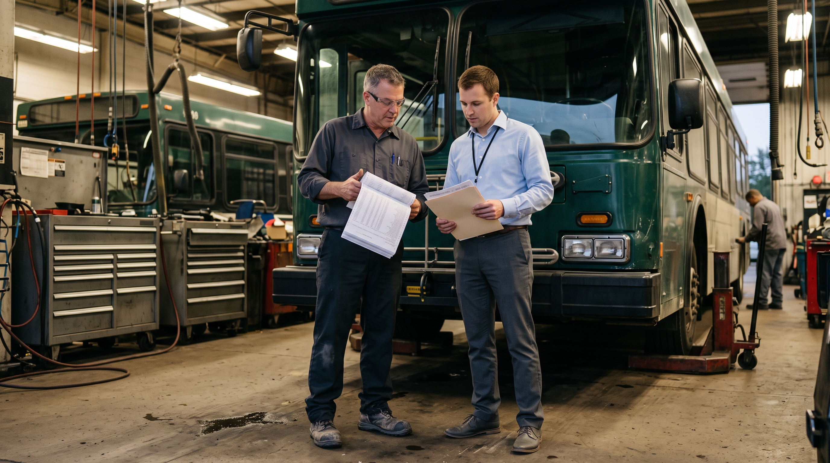 A fleet maintenance manager and a finance analyst compare a depreciation schedule with a work-history printout beside a transit bus